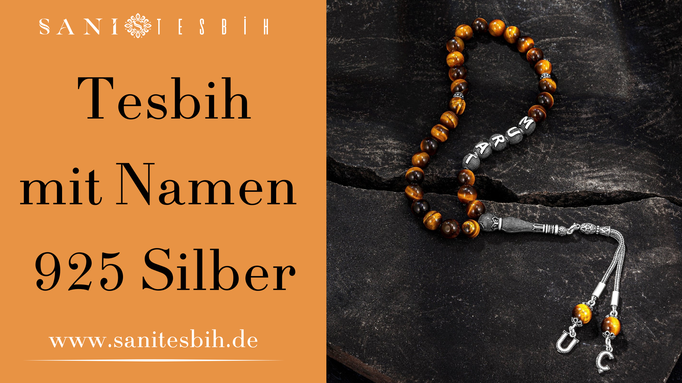 Tesbih mit Namen und 2 Buchstaben 925 Silber in Orange Tigerauge Perlen