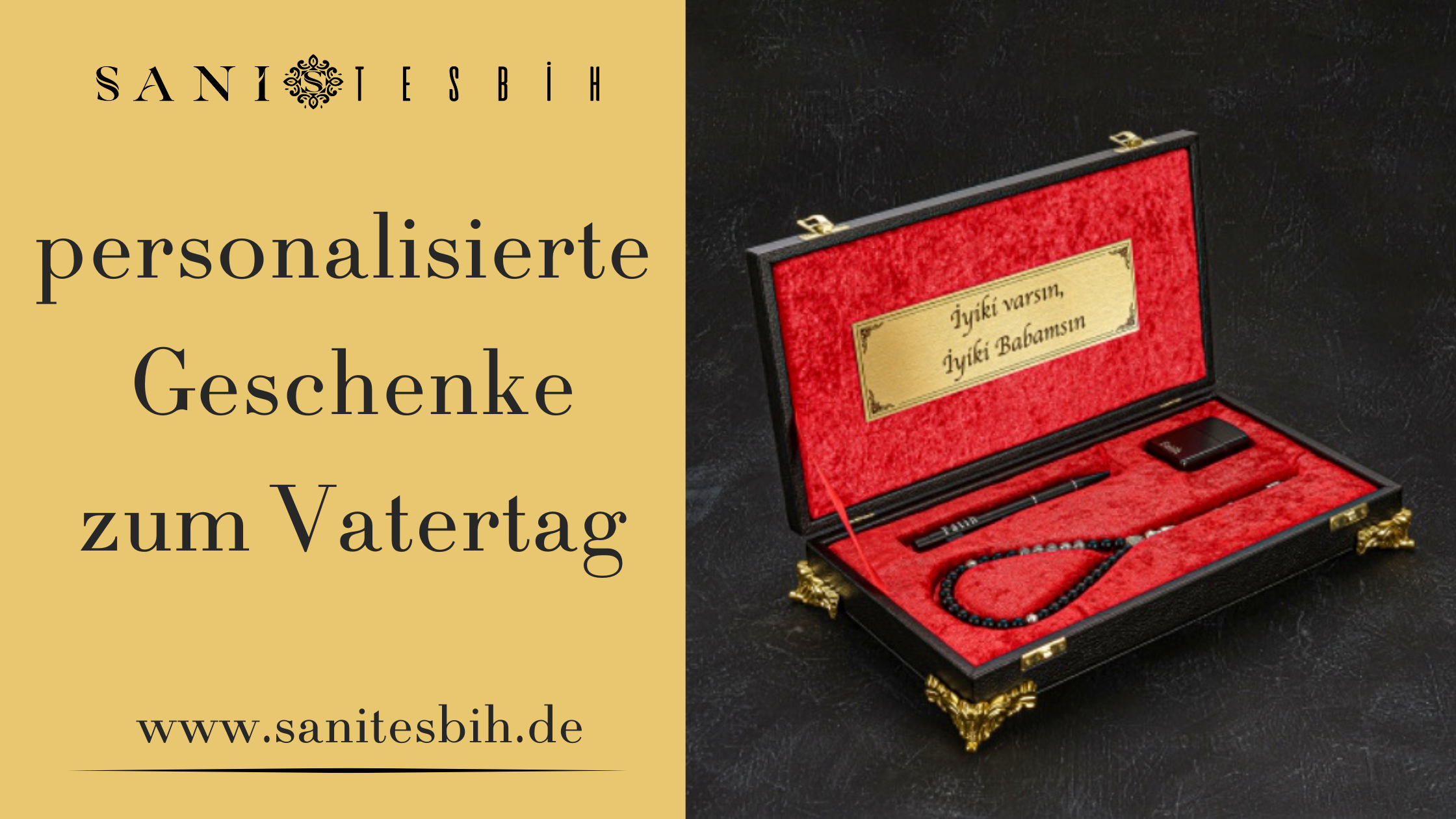 Gebetskette, Geschenkset mit Tesbih, Kugelschreiber und Feuerzeug mit Namen Gravur Rote Schwarze Geschenkbox islamische produkt