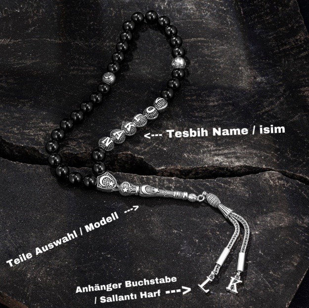 Tesbih mit Namen & 4 eckige Grau Box mit Wunschtext