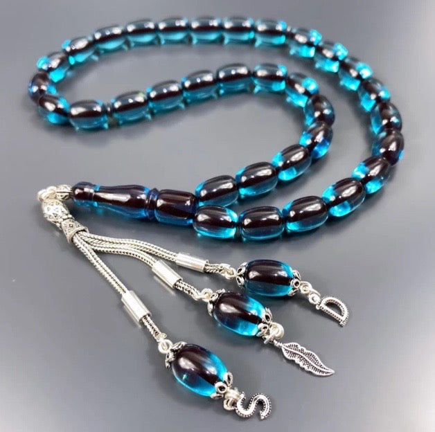 Kehribar Tesbih SIKMA Sky Blue Kapsül 2 Buchstaben & Logo 925 Silber