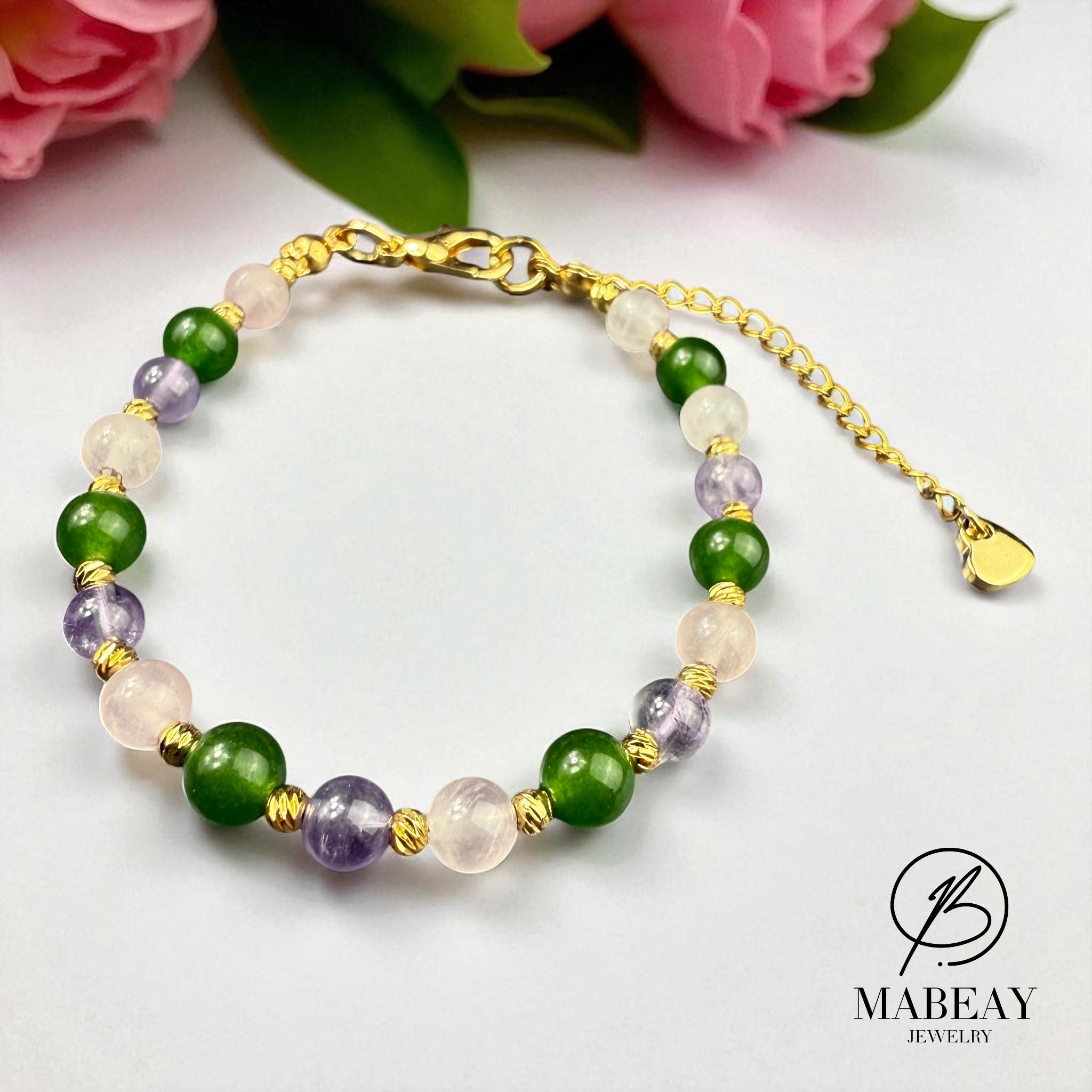 Yesim Quarz ve Amatist Tasi mit Edelstahl Kette Armband Damenschmuck