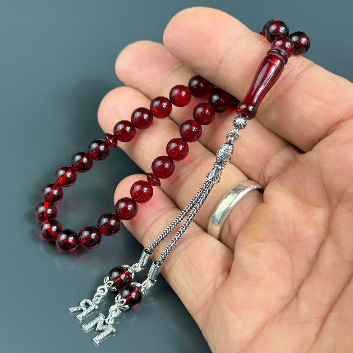 Kehribar Tesbih Rot Misket / Black Orient Box & 925 Silber