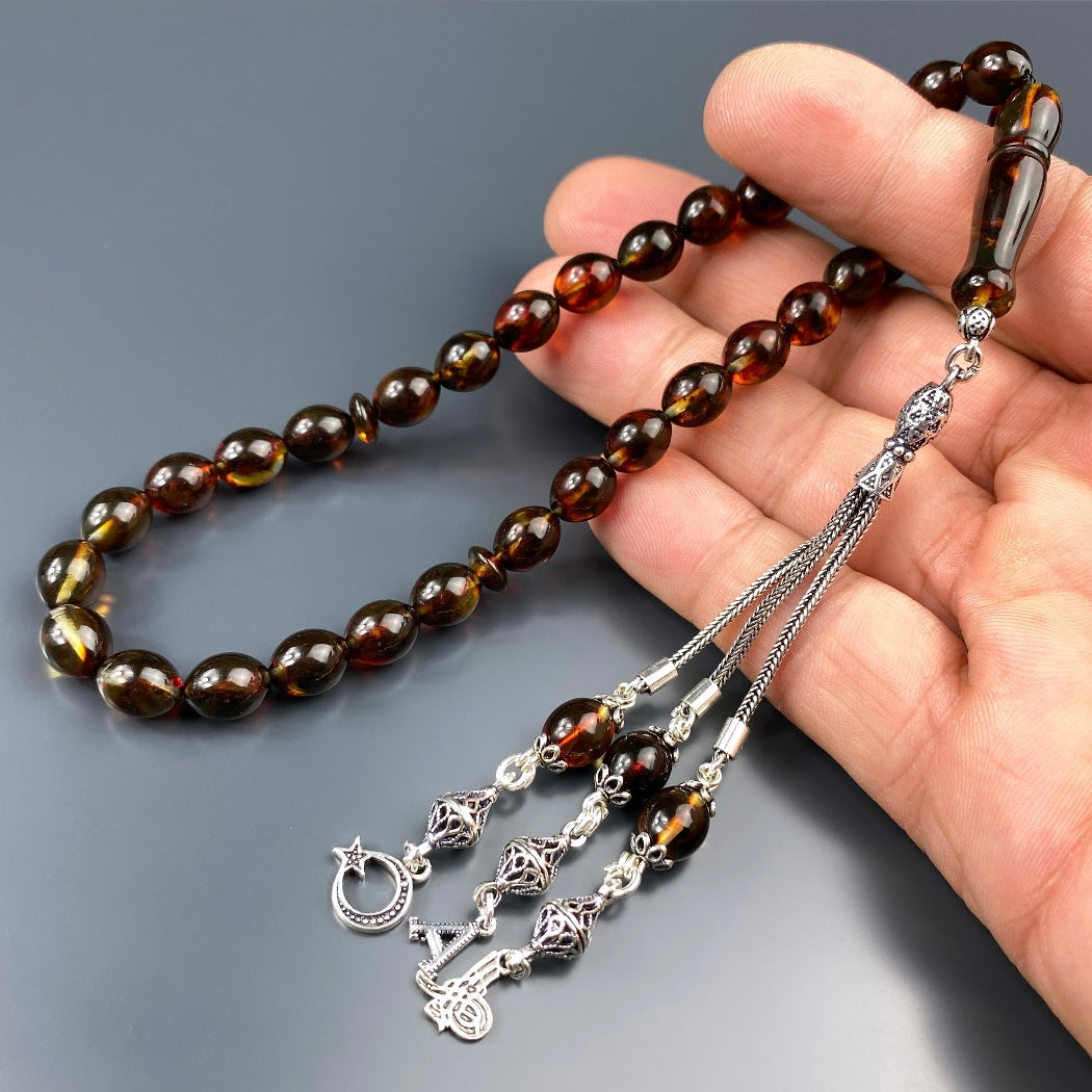 Kehribar Tesbih Tugra / Ay Yildiz Logo 1 Buchstabe 925 Silber