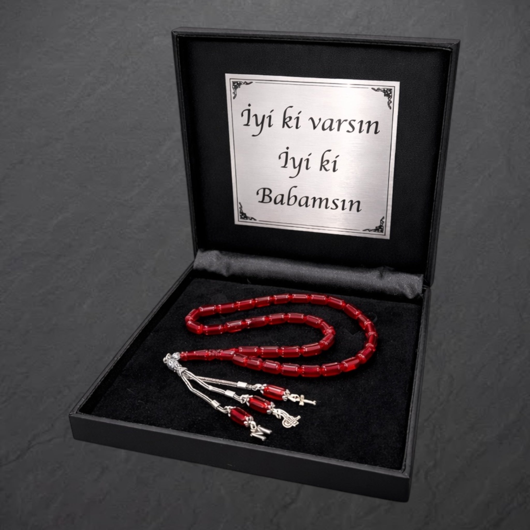 Kehribar Tesbih Rot Original mit Buchstaben und Logo 925 Silber