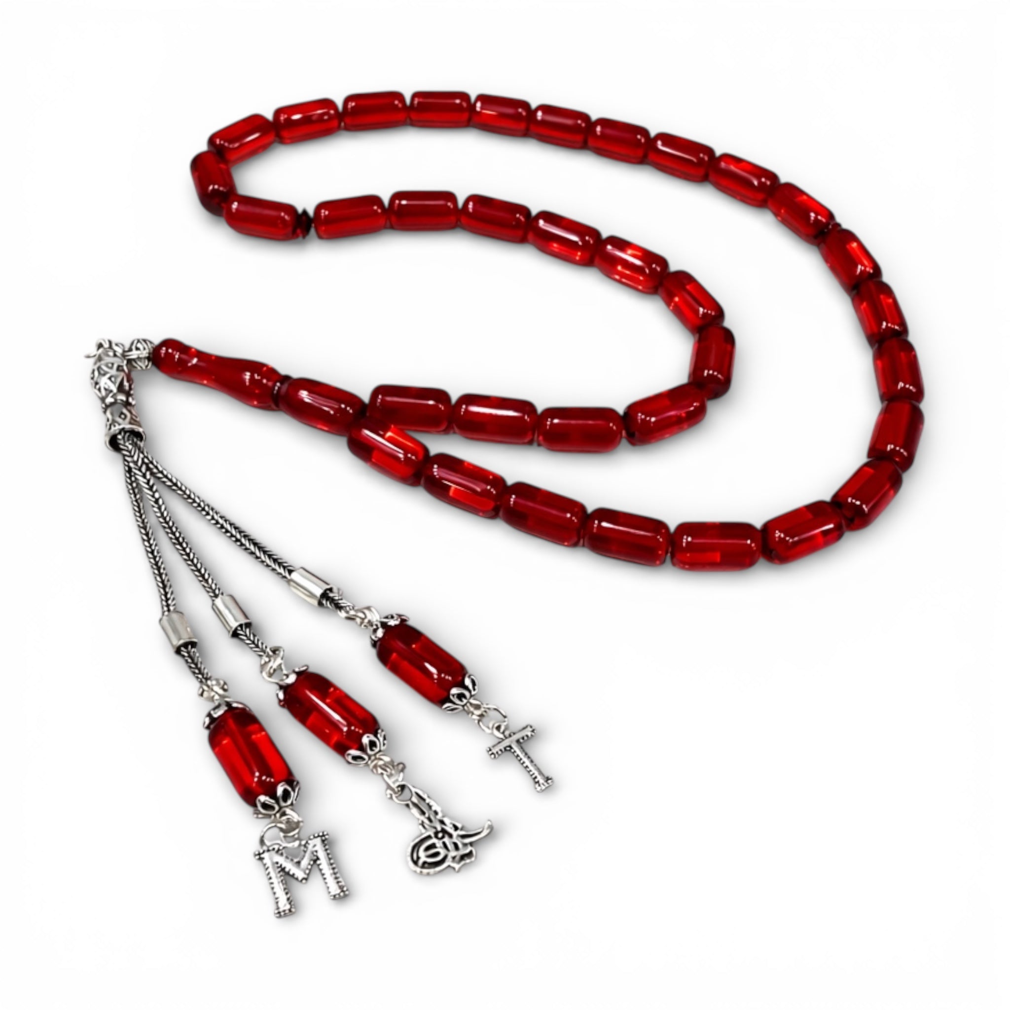 Kehribar Tesbih Rot Original mit Buchstaben und Logo 925 Silber