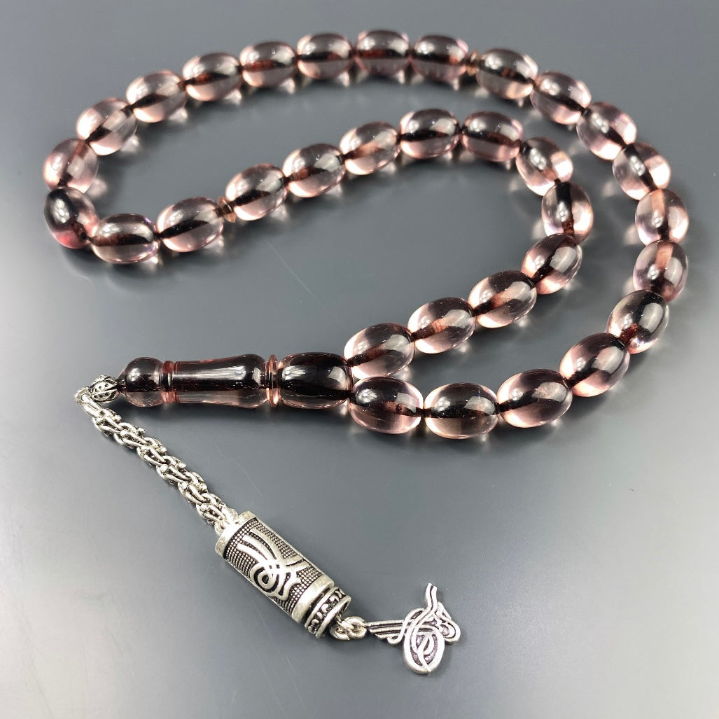 Tesbih SIKMA Kehribar Seffaf Laser Gravur Tugra Logo Püskül Silber 925