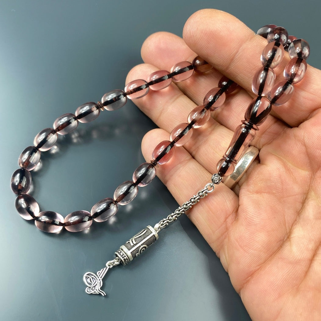 Tesbih SIKMA Kehribar Seffaf Laser Gravur Tugra Logo Püskül Silber 925