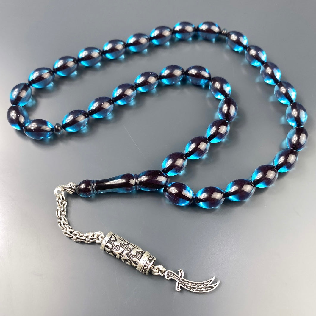 Tesbih SIKMA Kehribar Sky Blue Laser Gravur Kilic Logo Püskül Silber 925