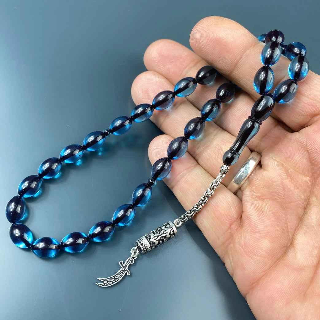 Tesbih SIKMA Kehribar Sky Blue Laser Gravur Kilic Logo Püskül Silber 925