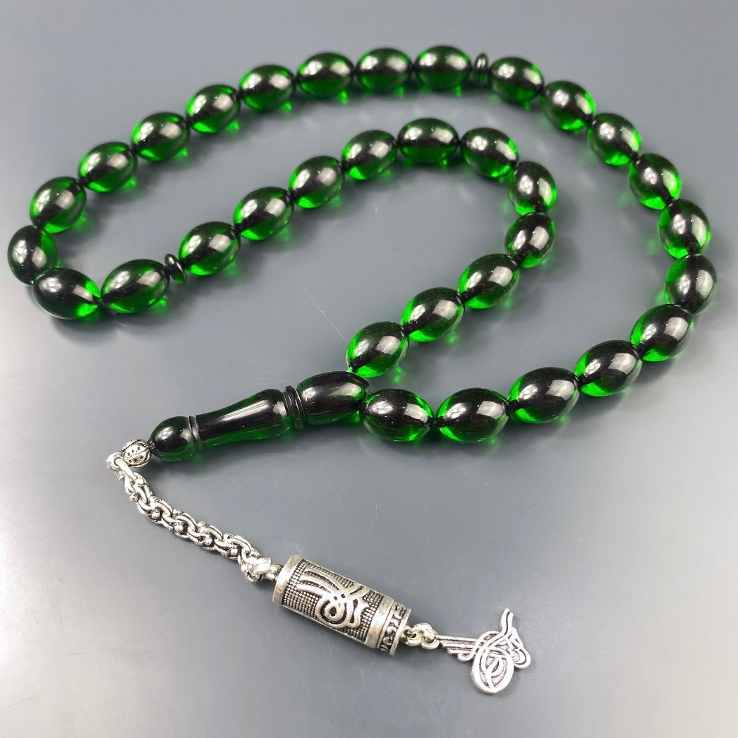 Tesbih SIKMA Kehribar Grün Laser Gravur Tugra Logo Püskül Silber 925