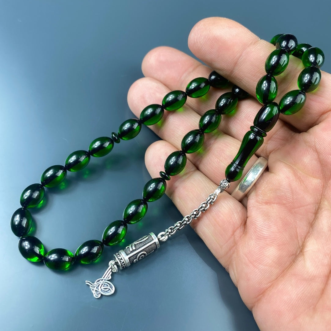 Tesbih SIKMA Kehribar Grün Laser Gravur Tugra Logo Püskül Silber 925