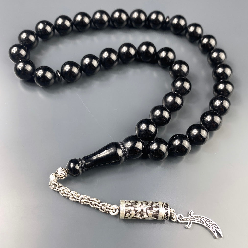 Tesbih SIKMA Kehribar Black Laser Gravur Kilic Logo Püskül Silber 925