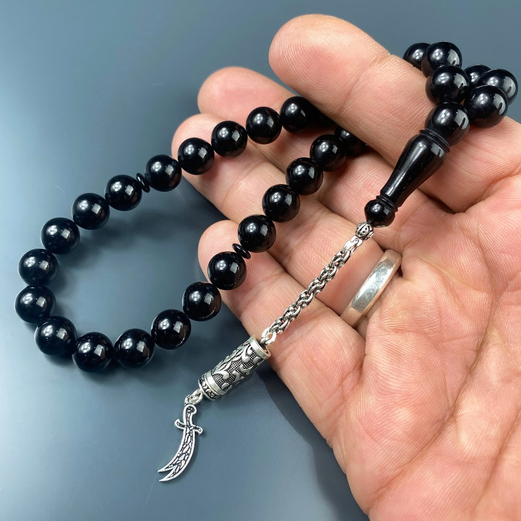 Tesbih SIKMA Kehribar Black Laser Gravur Kilic Logo Püskül Silber 925