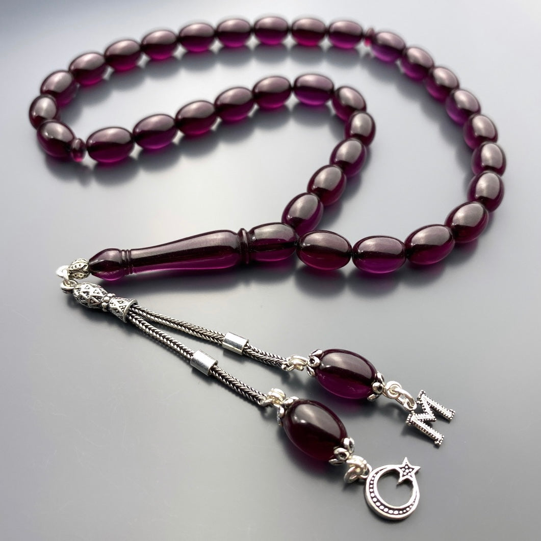 Tesbih Kehribar SIKMA Lila 1 Buchstaben & Logo 925 Silber