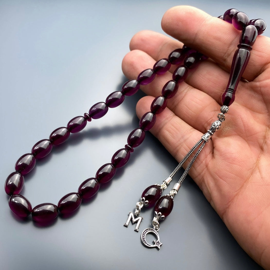 Tesbih Kehribar SIKMA Lila 1 Buchstaben & Logo 925 Silber