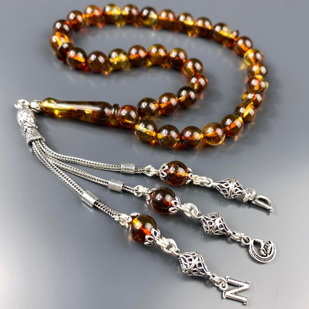 Kehribar Tesbih Braun 2 Buchstaben & Kurt Ay Logo 925 Silber