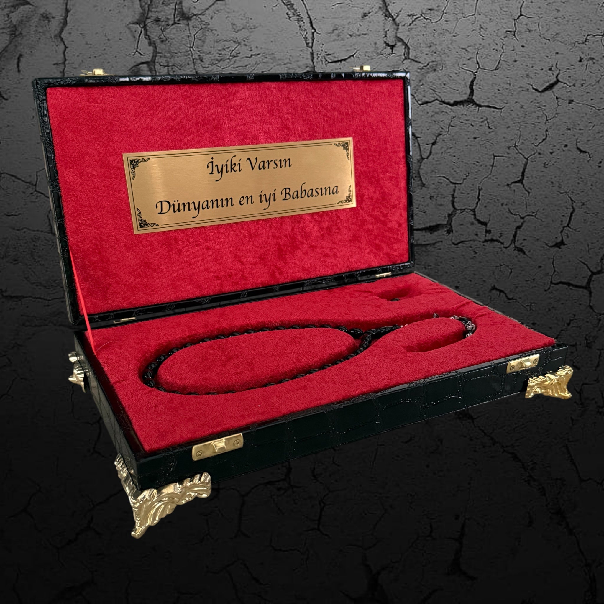 Tesbih Set Özel Kutu 925 Silber SIKMA KEHRIBAR TESBIH - BLACK - ROT Kroko Design