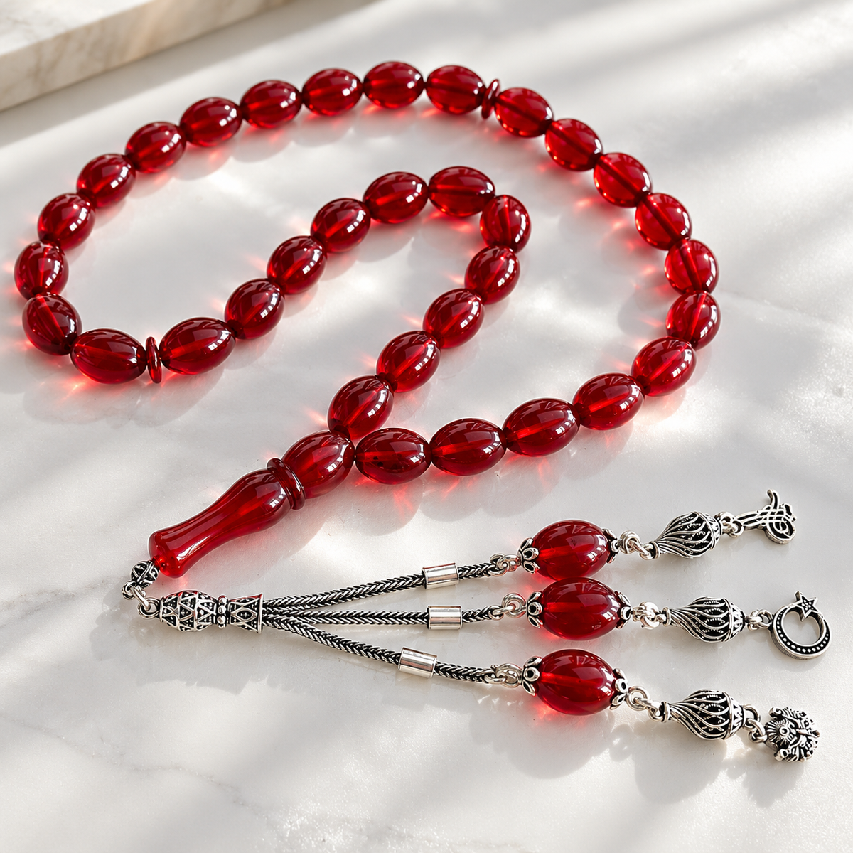 Echter Kehribar Tesbih Rot Oval – 925 Silber & 3 Logos Büyük Boy