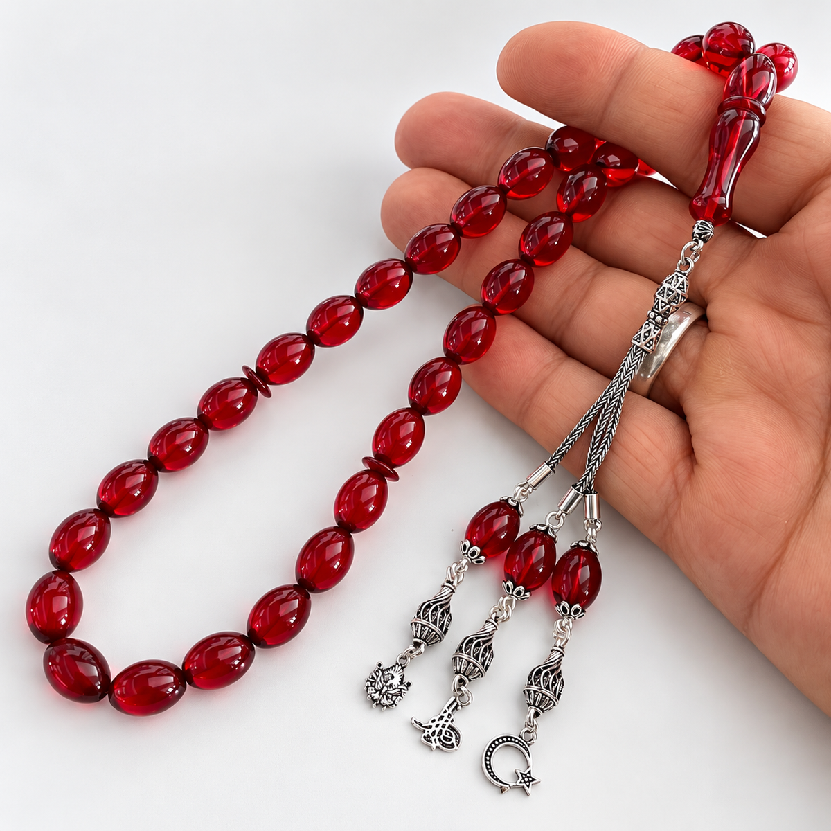 Echter Kehribar Tesbih Rot Oval – 925 Silber & 3 Logos Büyük Boy