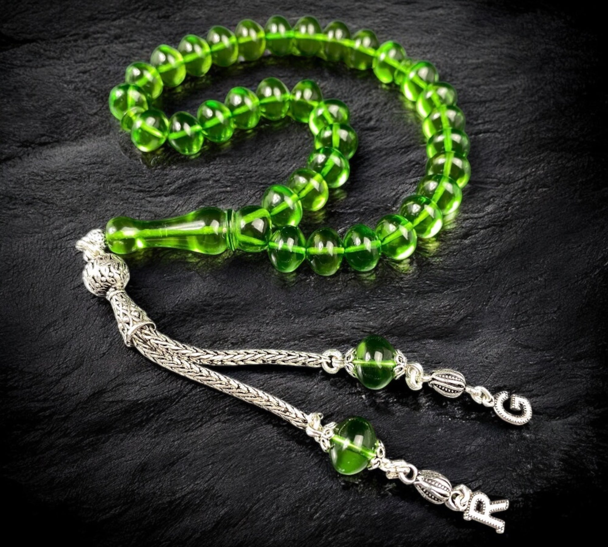 Original Kehribar Tesbih Grün 2 Harf Püskül Teker KESIM 925 Silver