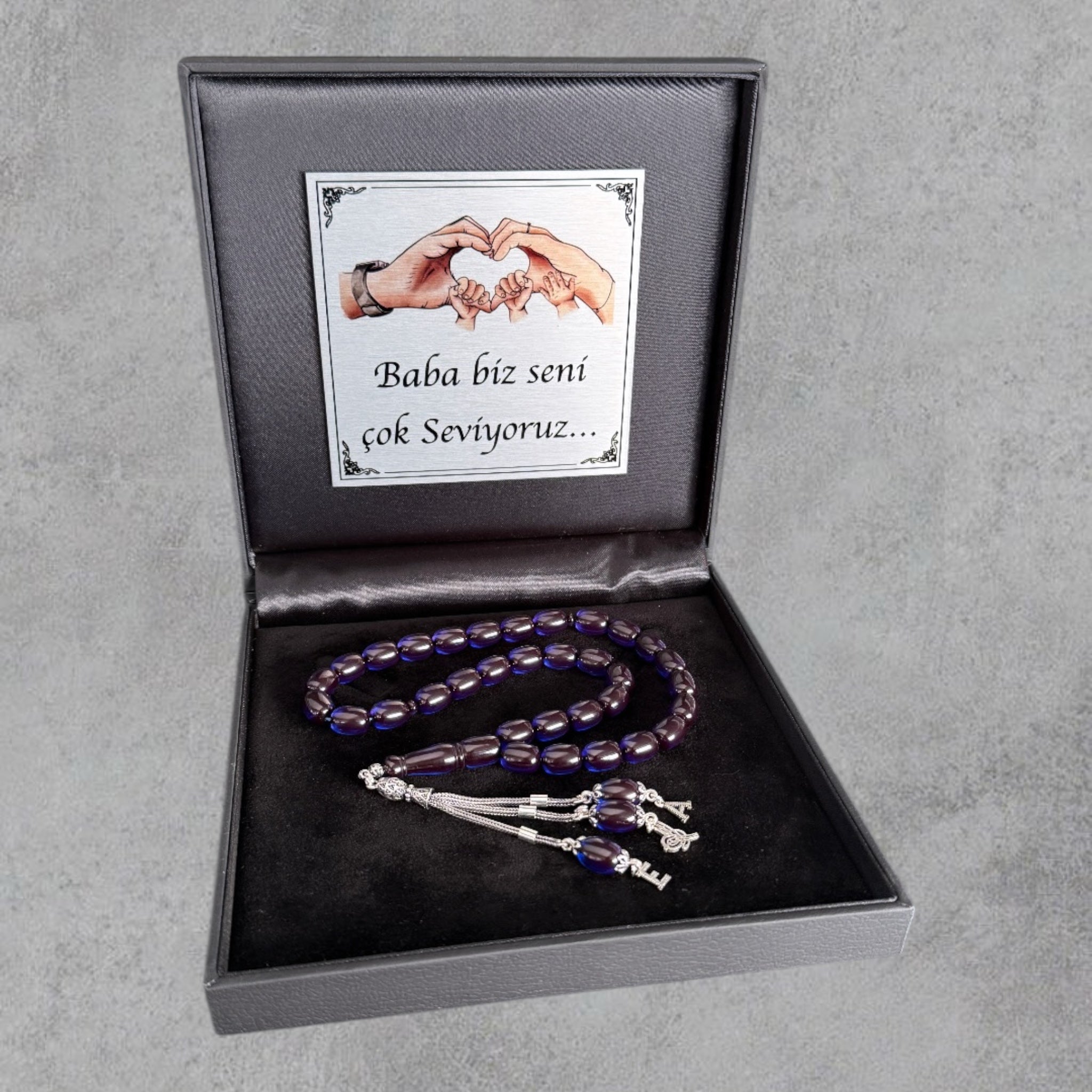 Kehribar Tesbih SIKMA Dunkel Blau Kapsül 2 Buchstaben & Logo 925 Silber Black Box