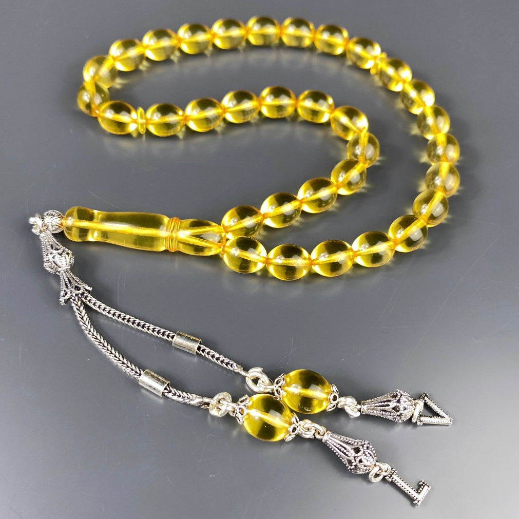 Kehribar Tesbih Gelb Beyzi 2 Harf - 925 Silber mit Holzbox