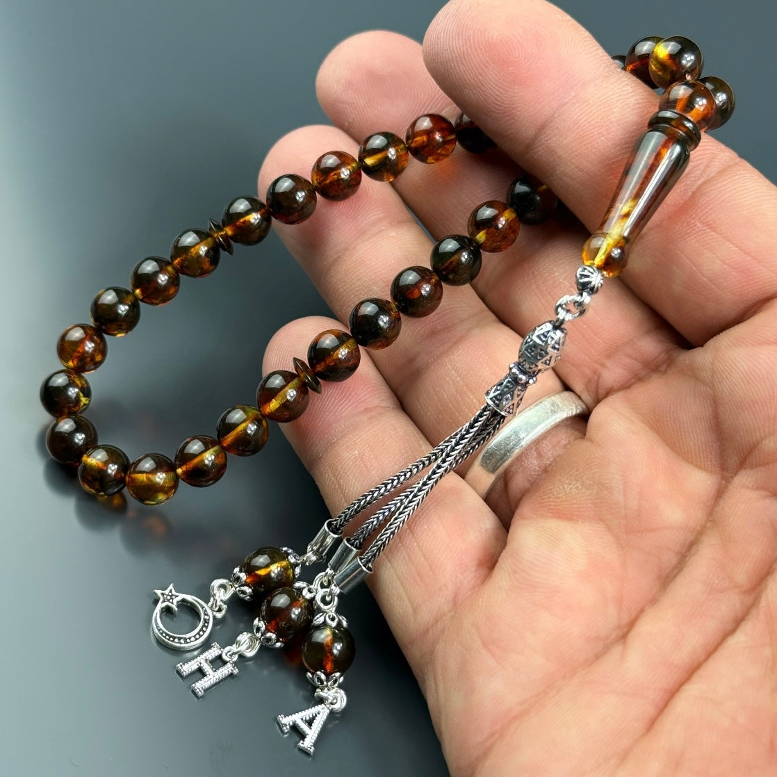 Kehribar Tesbih Braun / Black Geschenkbox & 925 Silber