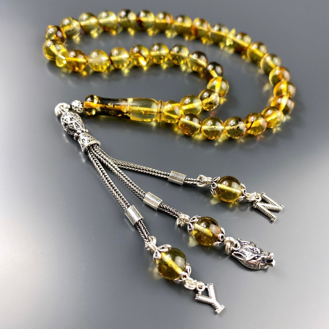 Kehribar Tesbih Gelb Original mit 2 Buchstaben & Wolf Logo 925 Silber Holzbox