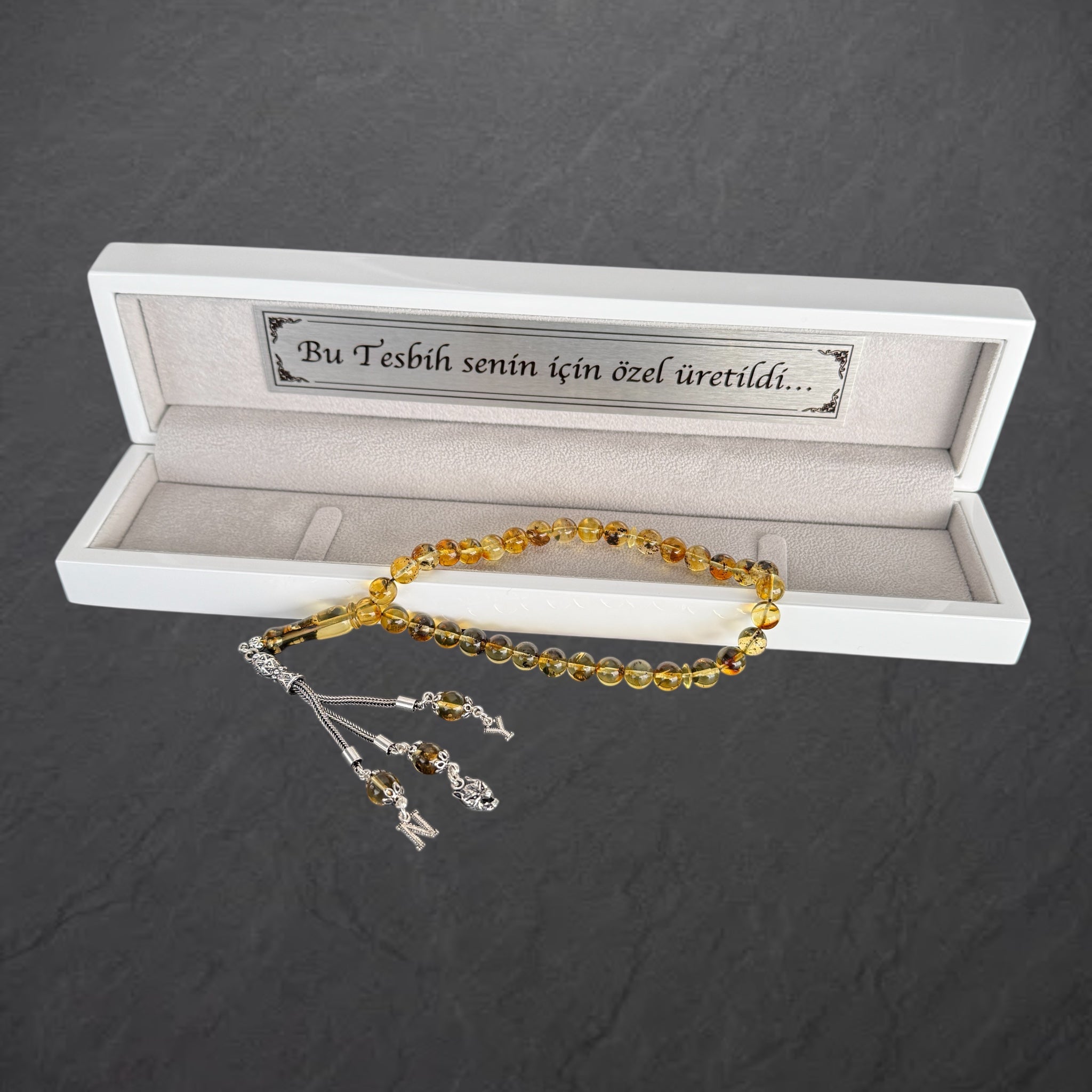 Kehribar Tesbih Gelb Original mit 2 Buchstaben & Wolf Logo 925 Silber Holzbox