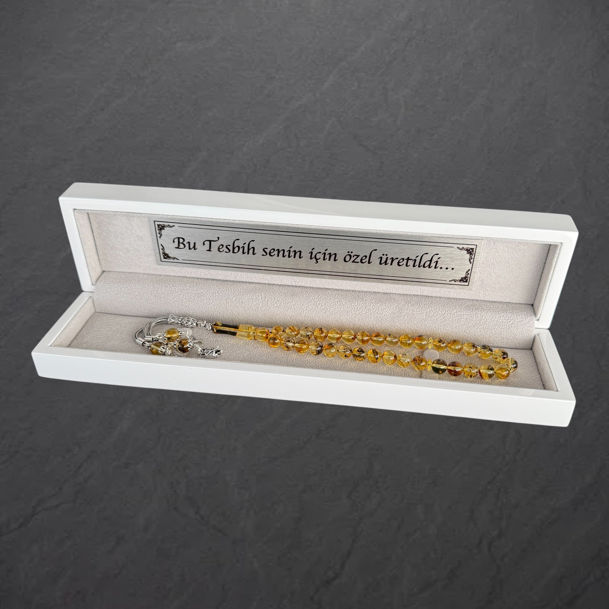 Kehribar Tesbih Gelb Original mit 2 Buchstaben & Wolf Logo 925 Silber Holzbox