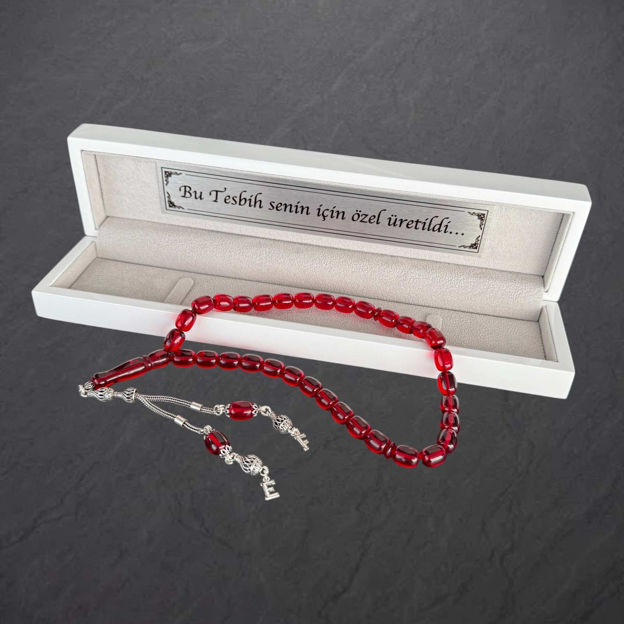 Kehribar Tesbih Rot Original mit 2 Buchstaben 925 Silber Holzbox