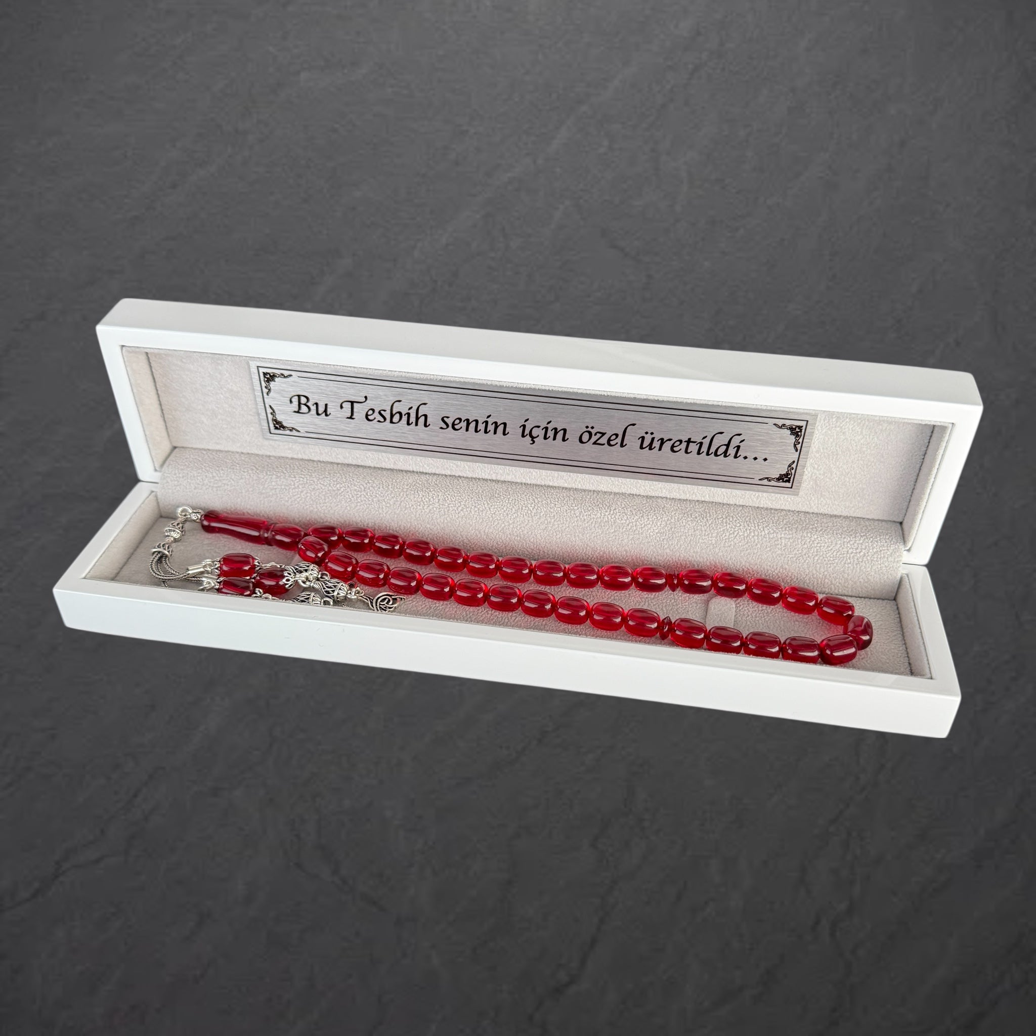 Kehribar Tesbih Rot Original mit 2 Buchstaben 925 Silber Holzbox