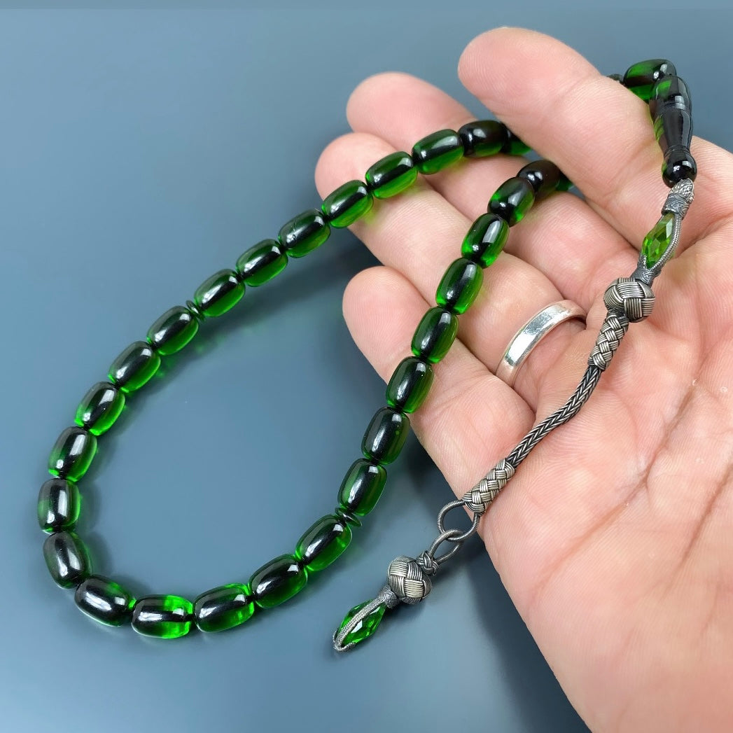Yesil Renk Tesbih Kazazli Sikma Kehribar