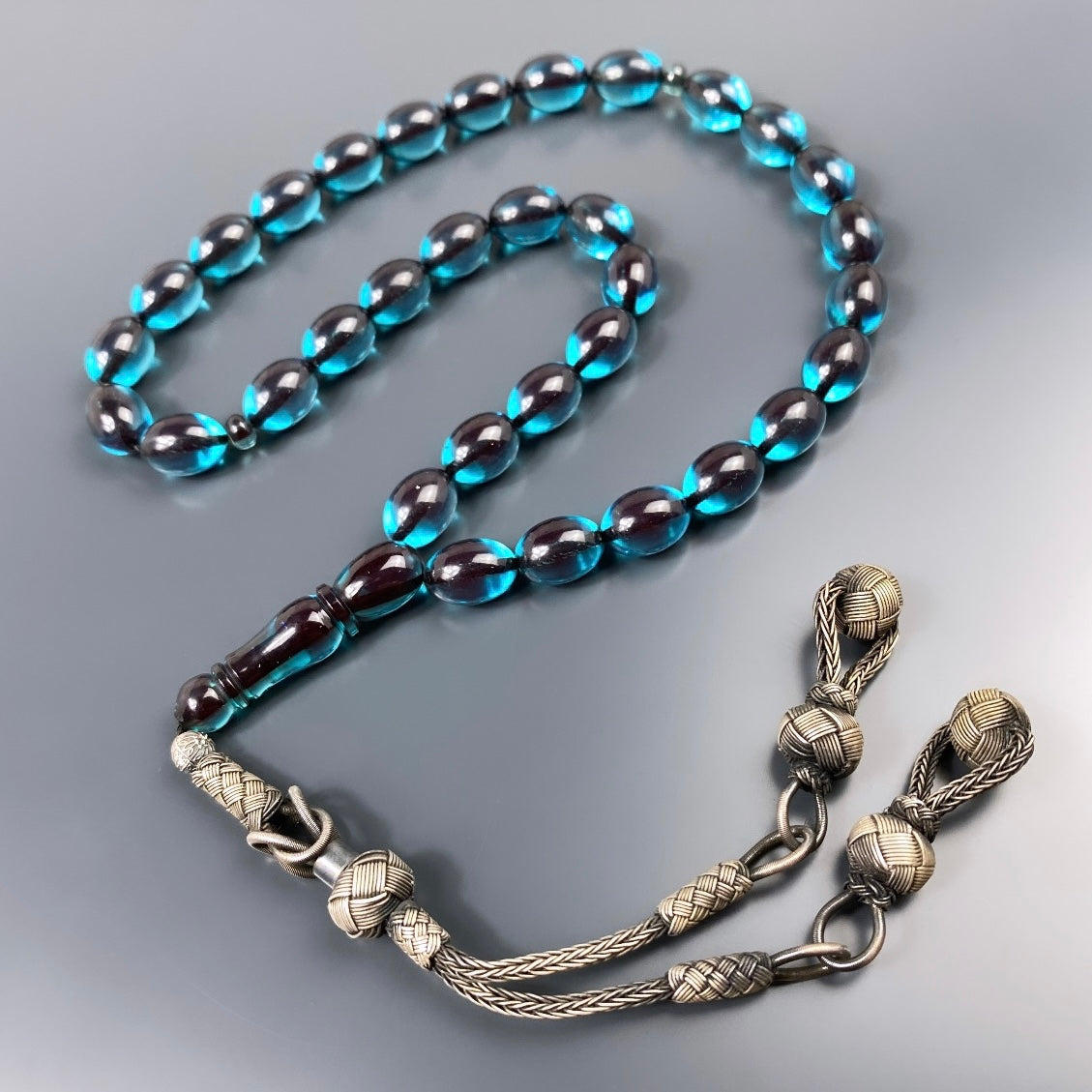 Mavi Renk Tesbih Kazazli Sikma Kehribar