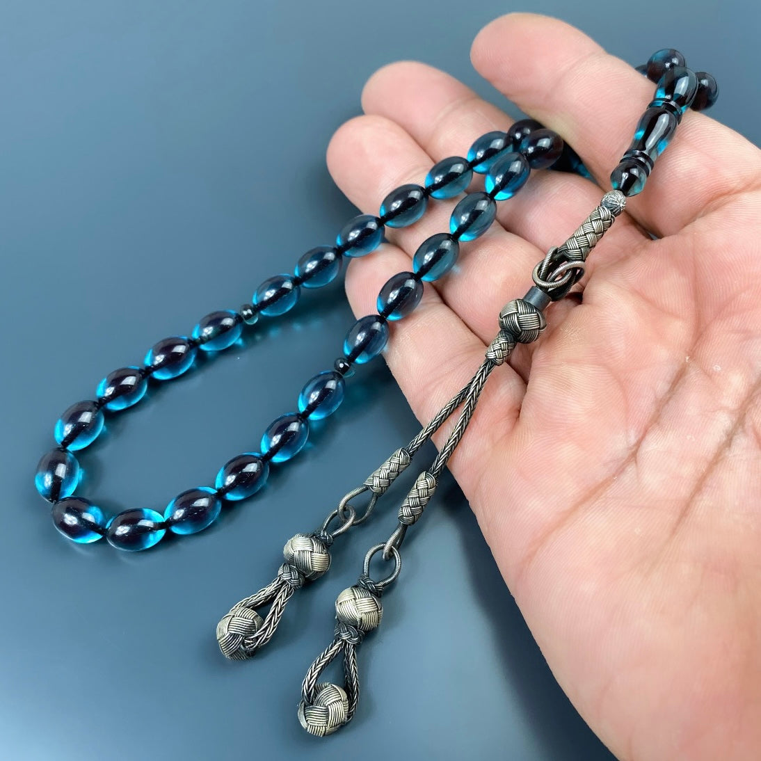 Mavi Renk Tesbih Kazazli Sikma Kehribar