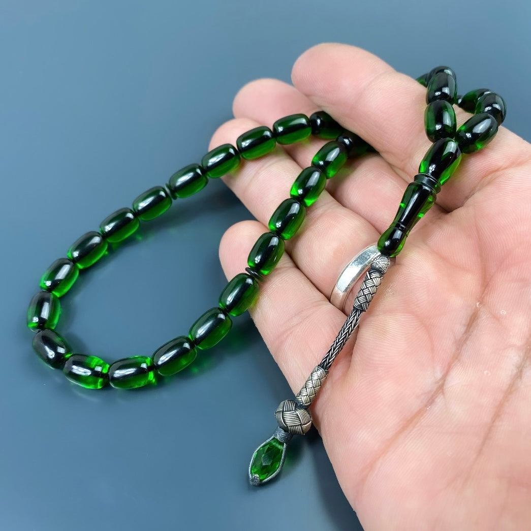 Yesil Renk Tesbih Kazazli Sikma Kehribar