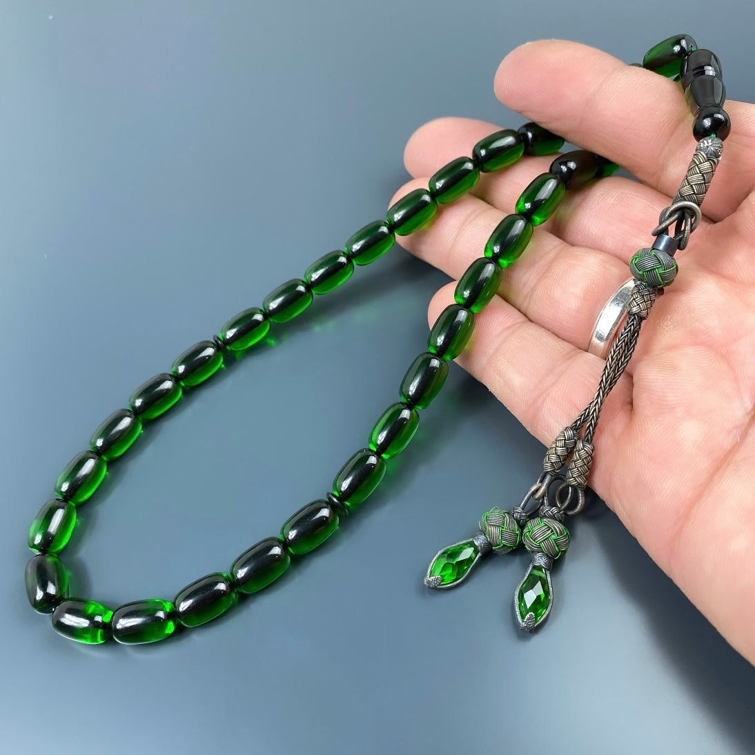 Yesil Renk Tesbih Kazazli Sikma Kehribar