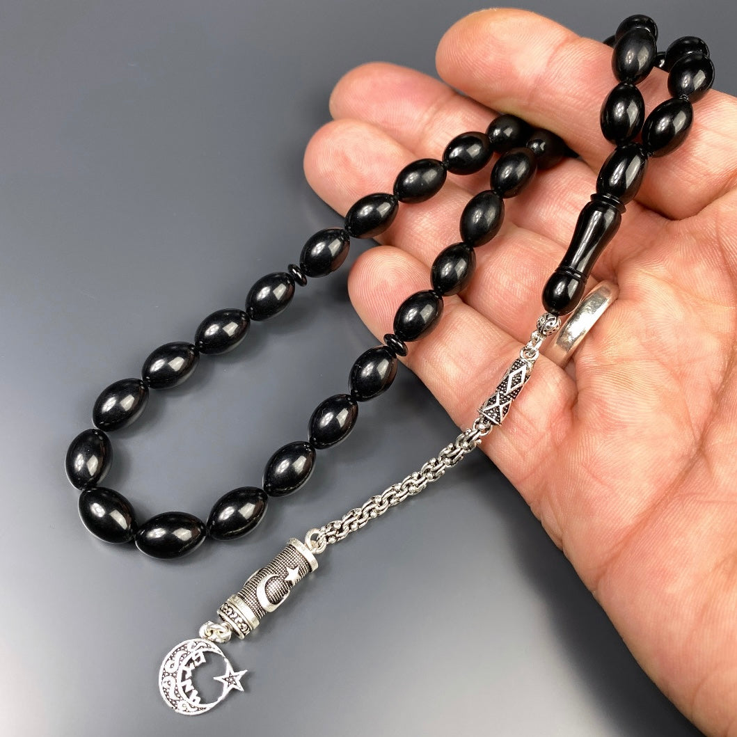 Tesbih SIKMA Kehribar Siyah personalisierte Lazer Gravur Püskül Silber 925