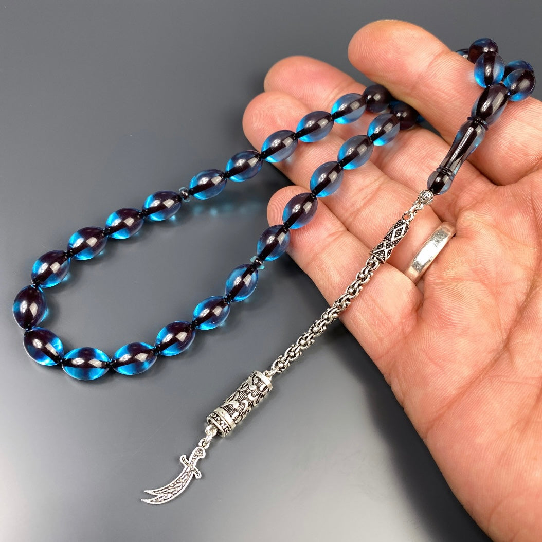 Tesbih SIKMA Kehribar Sky Blue Laser Gravur Kilic Logo Püskül Silber 925
