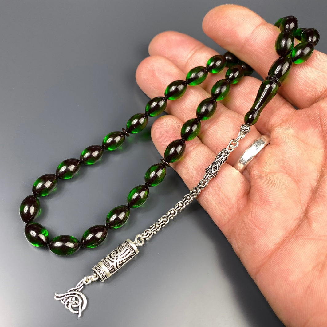 Tesbih SIKMA Kehribar Dark Green Laser Gravur Tugra Logo Püskül Silber 925
