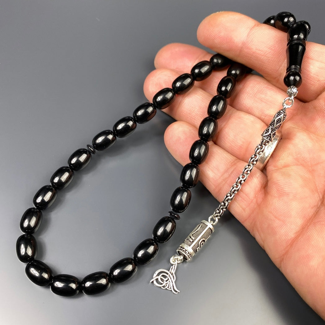 Tesbih SIKMA Kehribar Black Laser Gravur Tugra Logo Püskül Silber 925