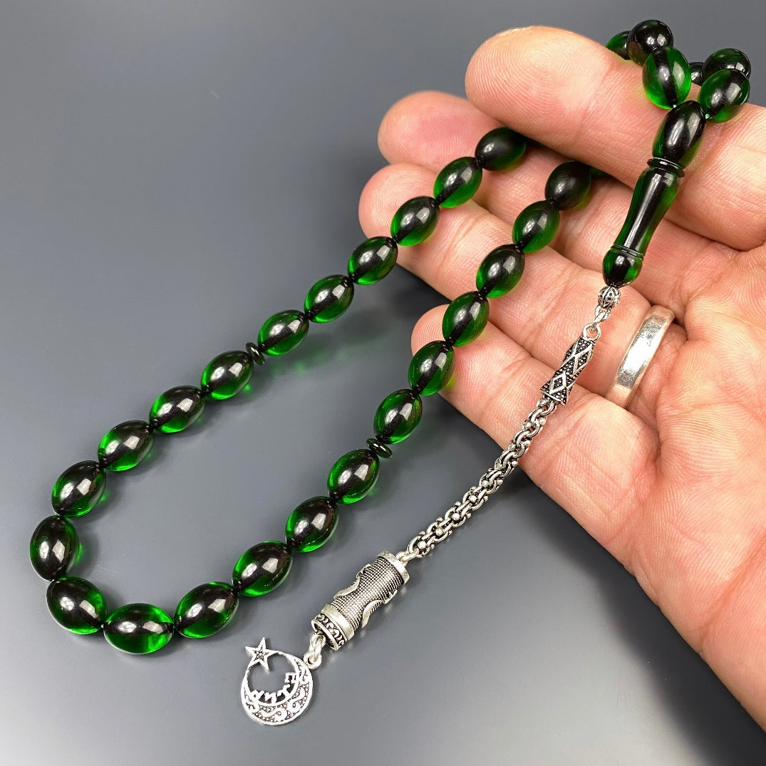 Tesbih SIKMA Kehribar Dark Green Laser Gravur Ay Yildiz Logo Püskül Silber 925