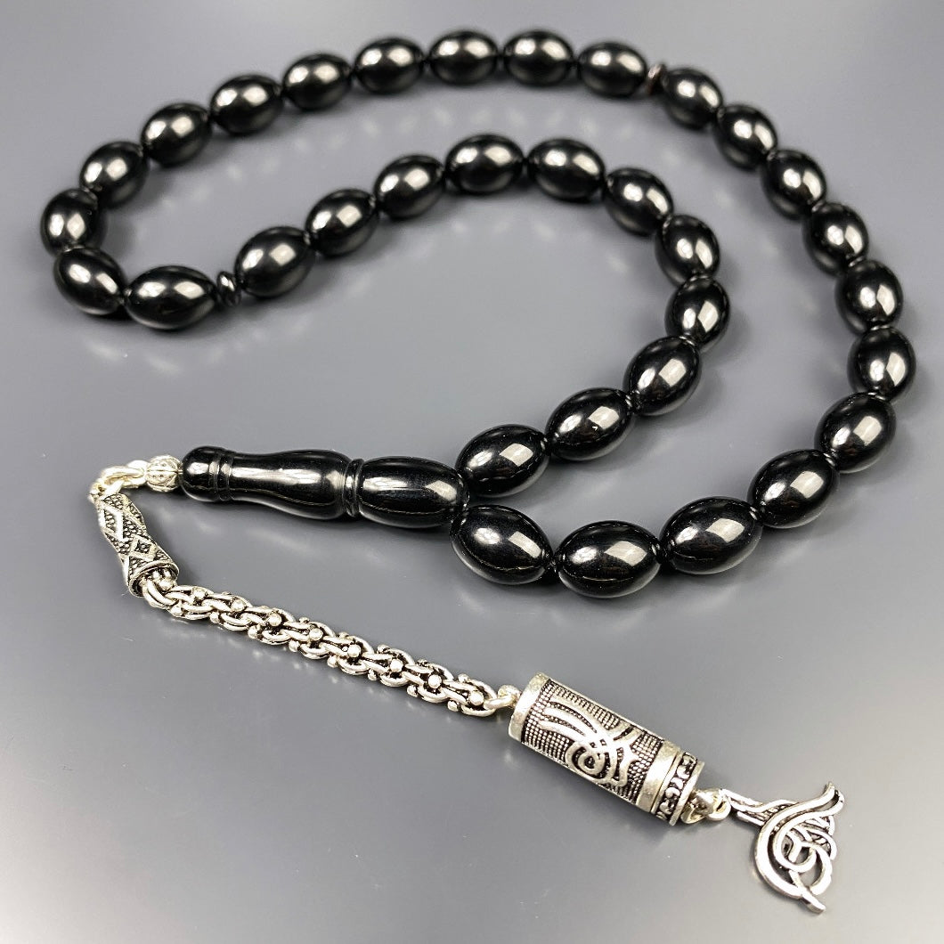Tesbih SIKMA Kehribar Black Laser Gravur Tugra Logo Püskül Silber 925