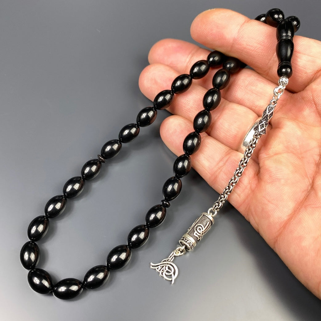 Tesbih SIKMA Kehribar Black Laser Gravur Tugra Logo Püskül Silber 925