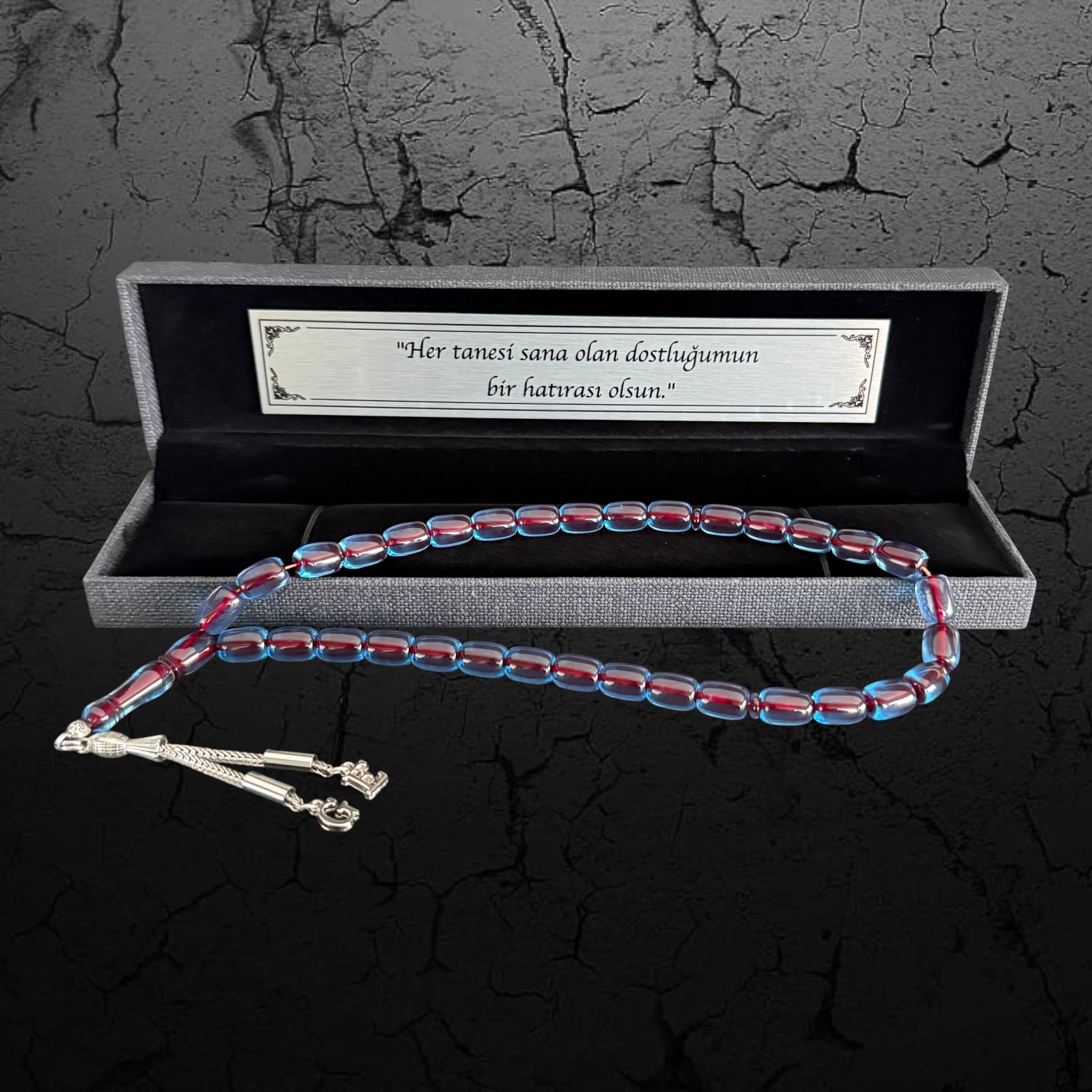 Personalisiertes Blau-Rotes Ateş Sıkma Kehribar Tesbih mit 2 Initialen & Geschenkbox