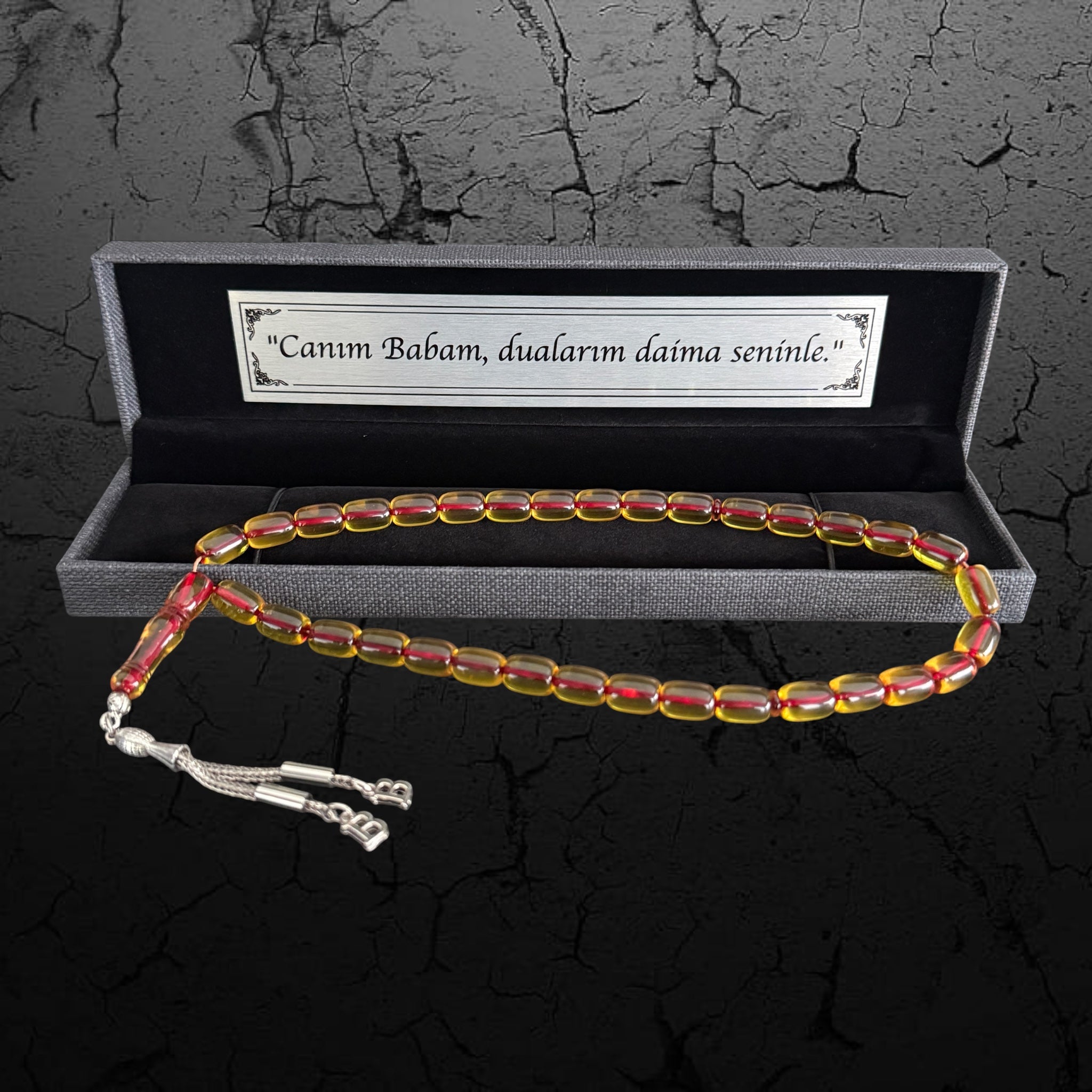 Personalisiertes Gelb-Rotes Ateş Sıkma Kehribar Tesbih mit 2 Initialen & Geschenkbox