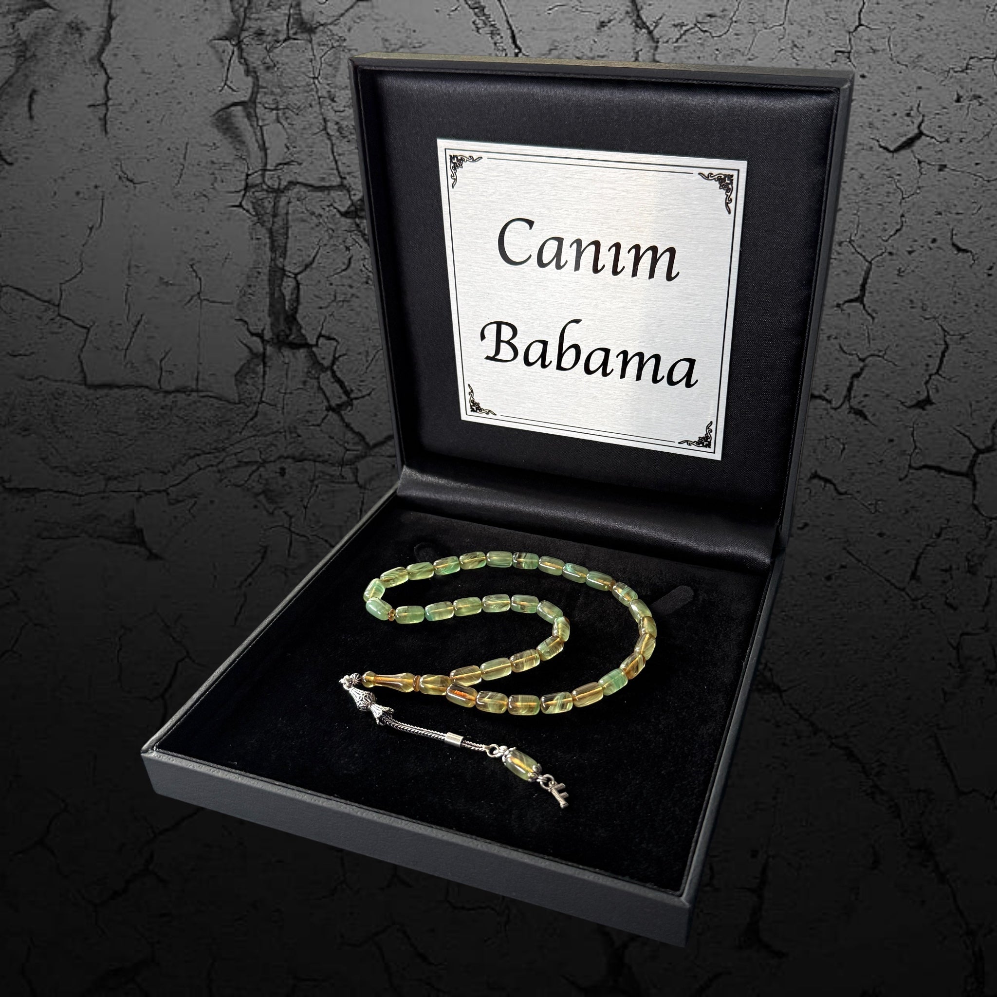 Tesbih Geschenkset mit personalisierter Geschenkbox – SIKMA Kehribar Tesbih mit 925 Silber Anhänger