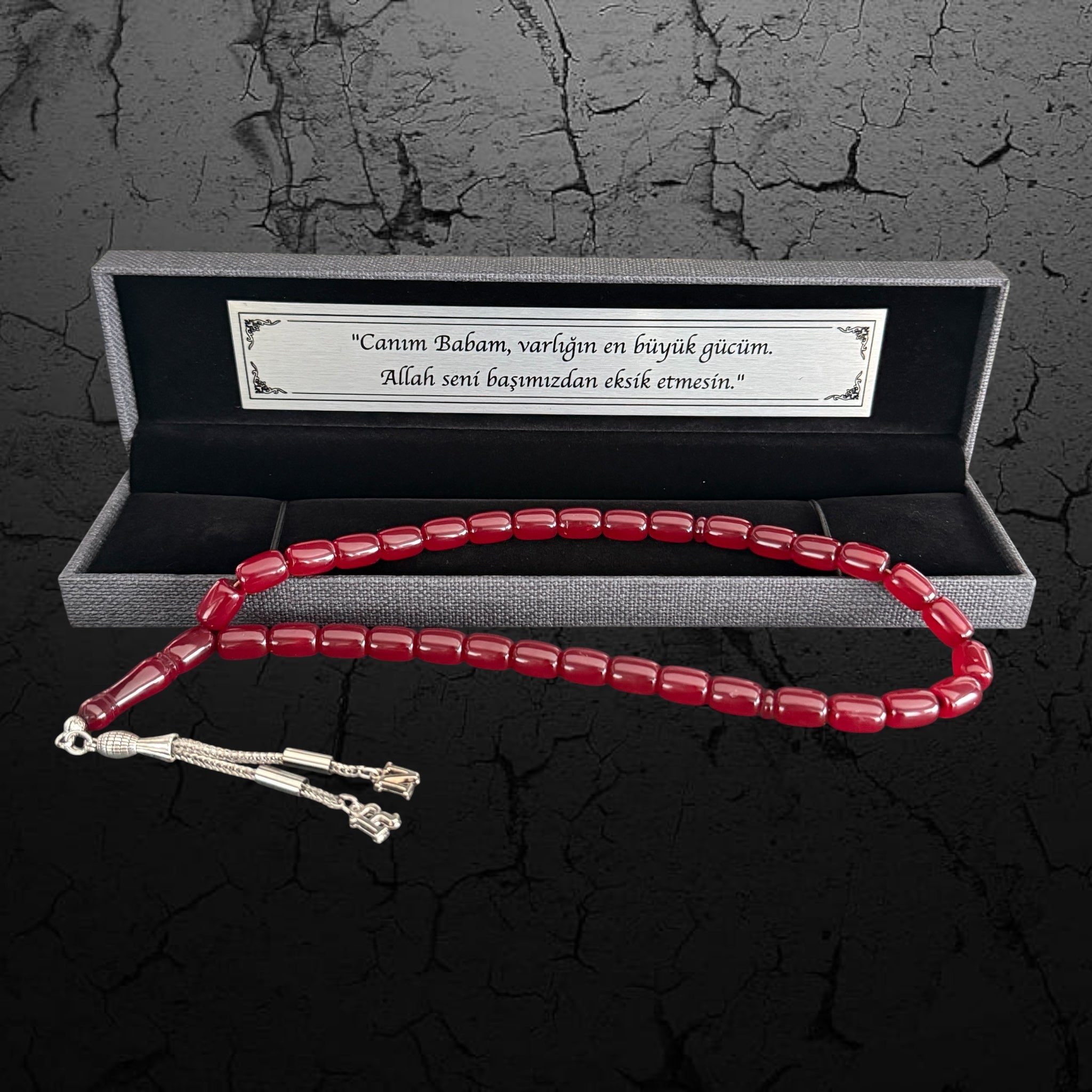 Personalisiertes Weinrotes Ateş Sıkma Kehribar Tesbih mit 2 Initialen & Geschenkbox