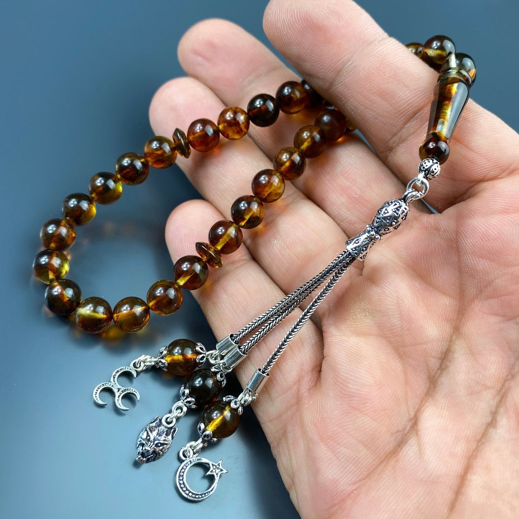 Kehribar Tesbih Kurt-3 Hilal- Ay Yildiz Logo 925 Silber