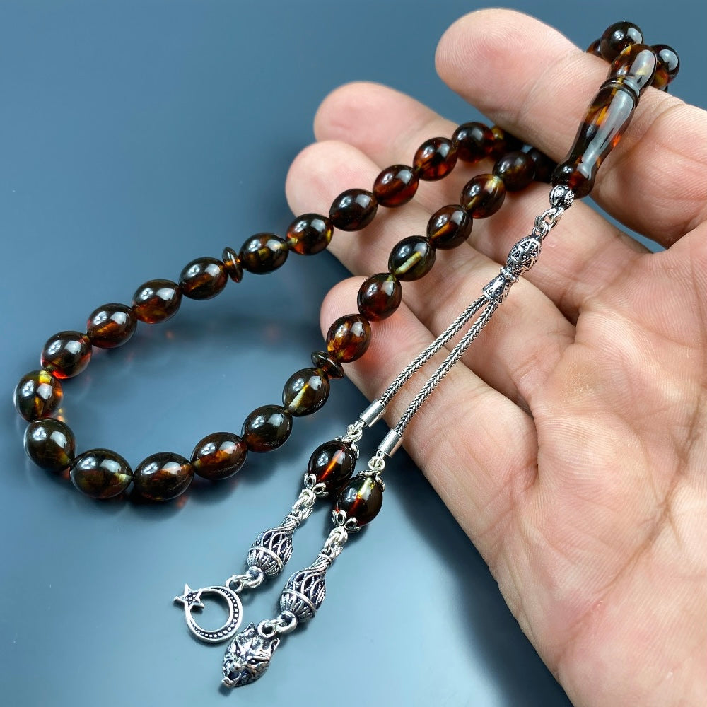 Kehribar Tesbih Ay Yildiz Kurt Logo 925 Silber